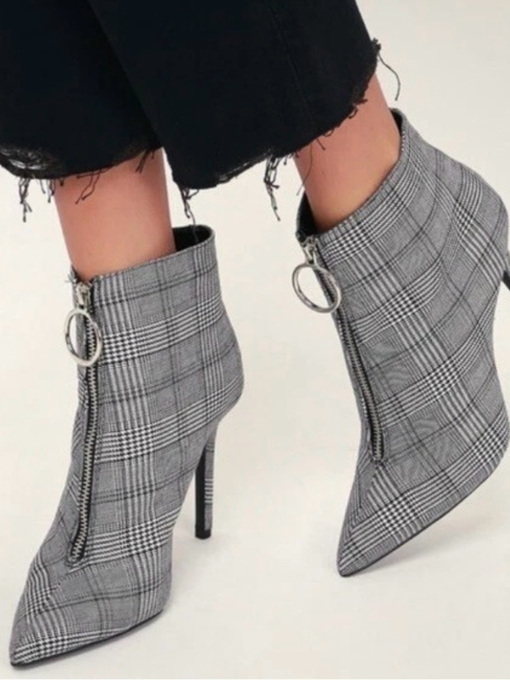 Qupid Plaid Pointed-Toe Stiletto Ankle Boots Black/White